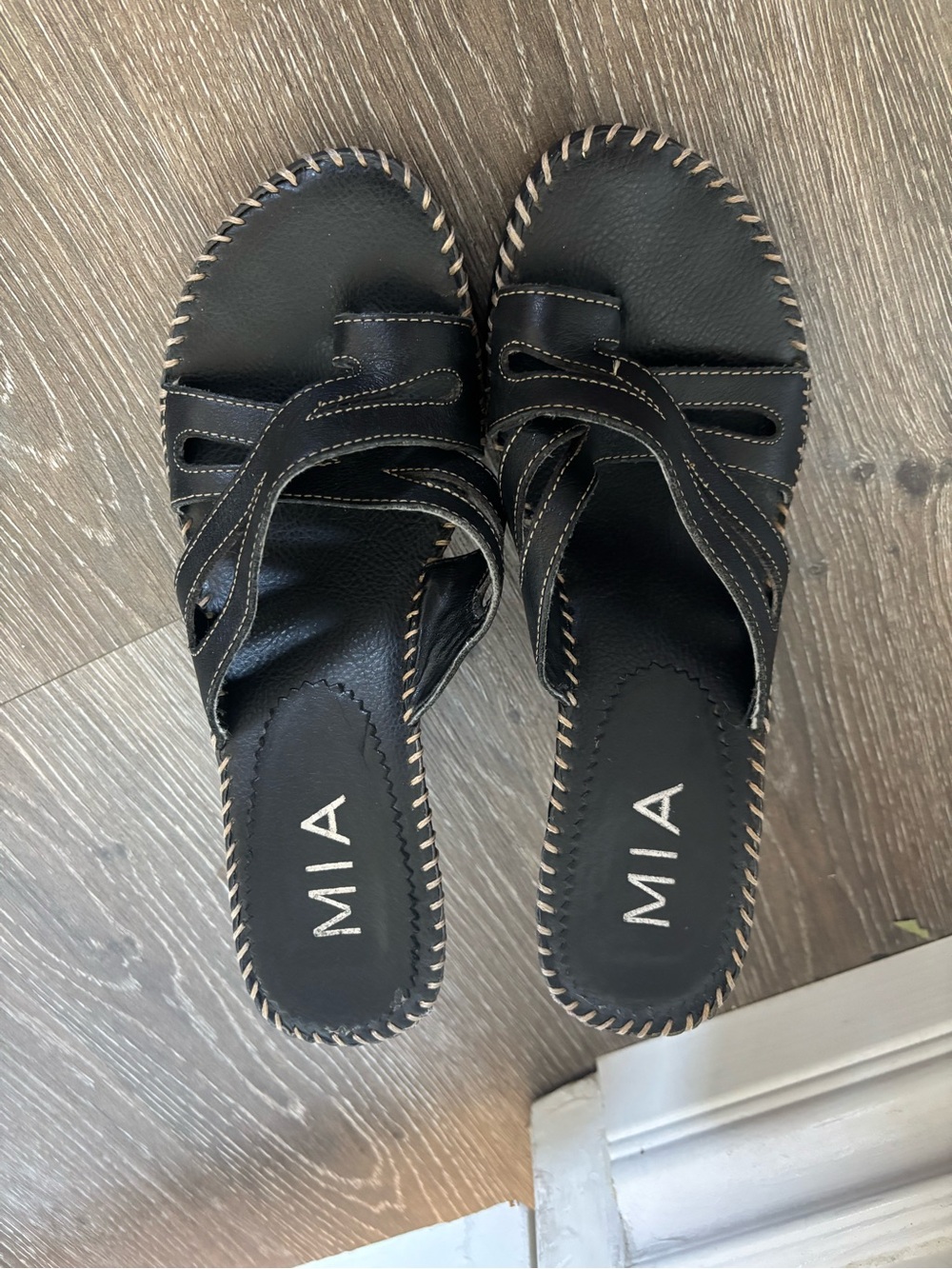 MIA Black Leather Slide Mules with Contrast Stitching
